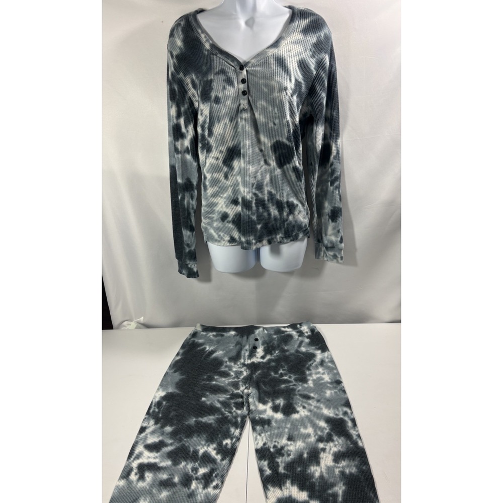 FOLLOWME Tie Dye Waffle Knit Loungewear Pajama Set Henley Top Jogger Pants M